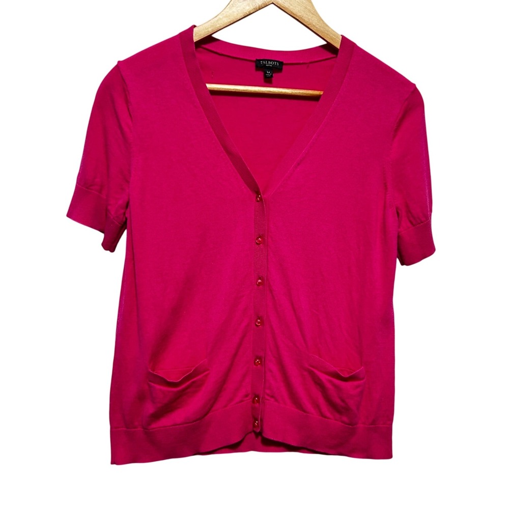 Talbots Women Preppy Classic Short Sleeve Knit‎ Cardigan LP Pink Button Front